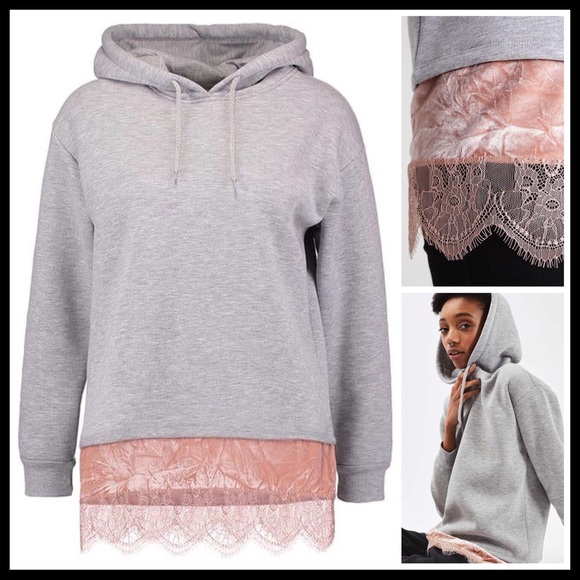 TOPSHOP PULLOVER HOODIE VELVET LACE TRIM TUNIC - Picture 7 of 8